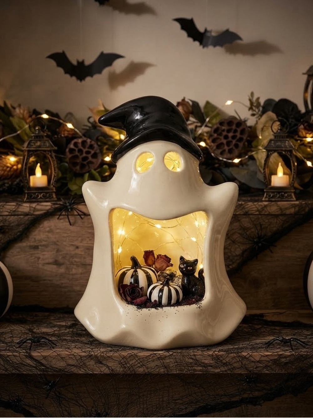 🎃Halloween Gift🎃Ceramic Halloween Ghost Lantern - Cream with Black Hat